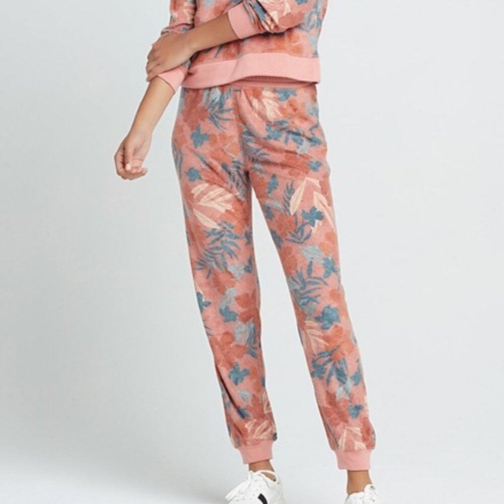 L*SPACE Revolve Floral Coral Terry Cloth Jogger Pants Comfort Lounge NEW $130
